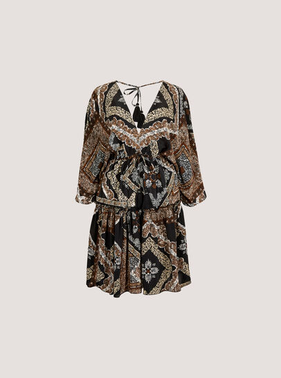 Satin Scarf Print Kaftan Mini Dress