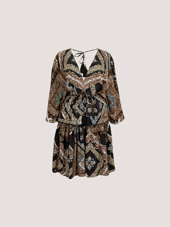 Satin Scarf Print Kaftan Mini Dress, Black, large