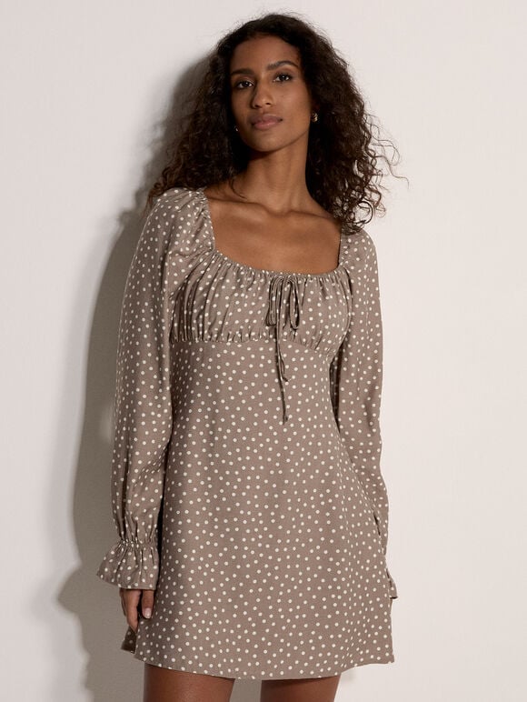 Polka Dot Milkmaid Mini Dress, Stone, large