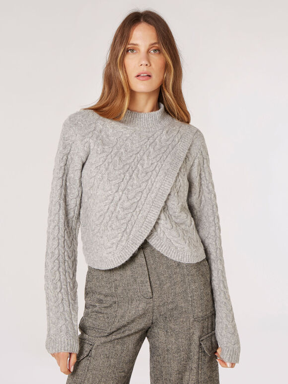 Cable Knit Wrap Jumper, Grey, large