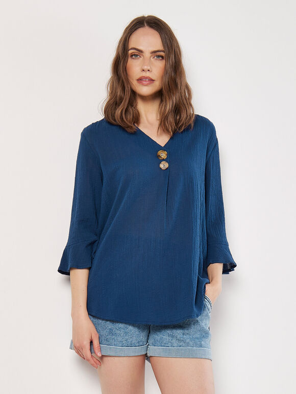 Textured Pleat Cotton Top, Blue, large