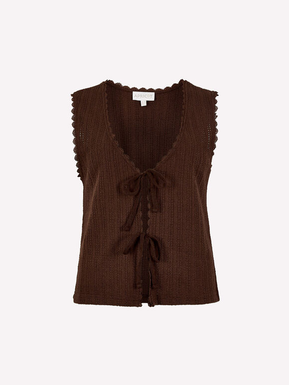 Pointelle Knit Waistcoat, Brown, large