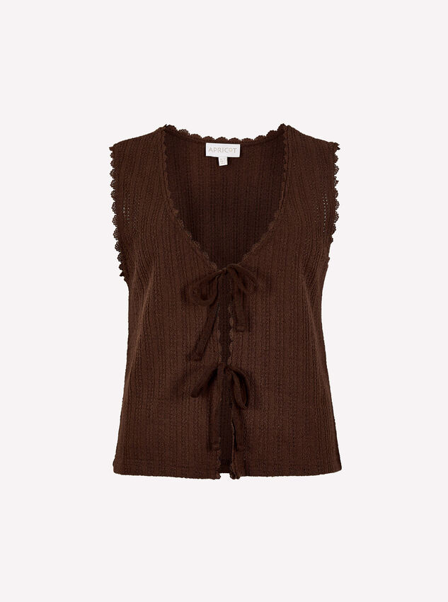 Cotton Blend Pointelle Knit Waistcoat, Brown, large