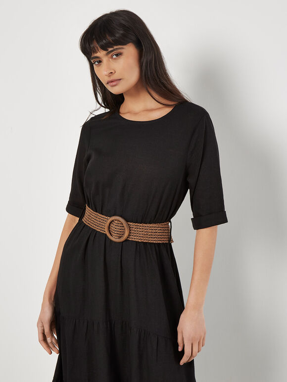 Linen Blend Tiered Midi Dress, Black, large