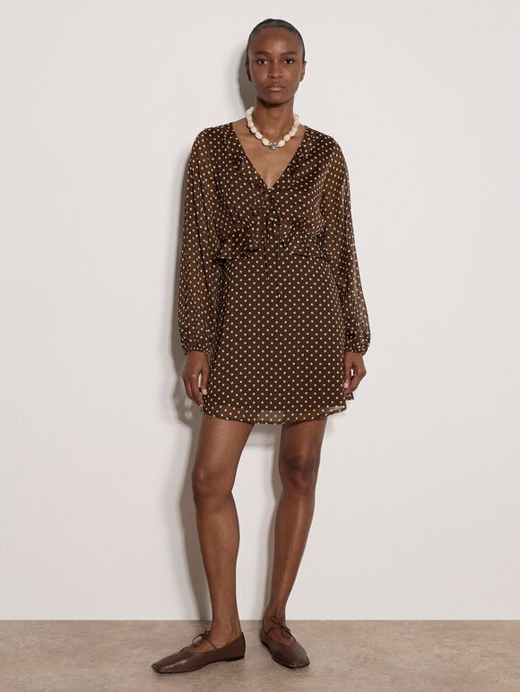 Polka Dot Chiffon Mini Dress, Brown, large