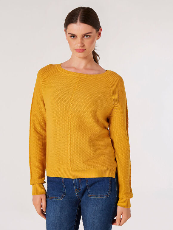 Waffle Knit Aran Jumper, Mustard, large