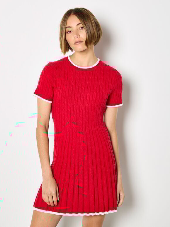 Cable Knit Skater Mini Dress, Red, large
