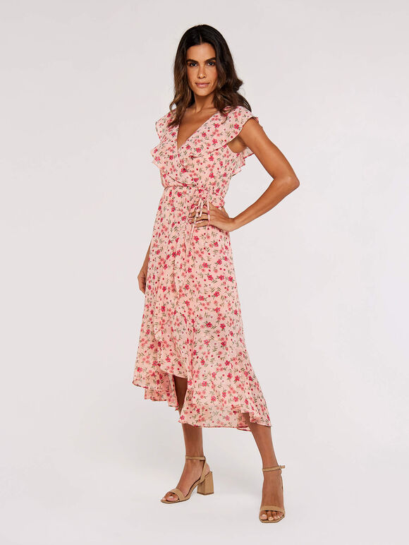 Floral Ruffle Midi Dress, Pink, large