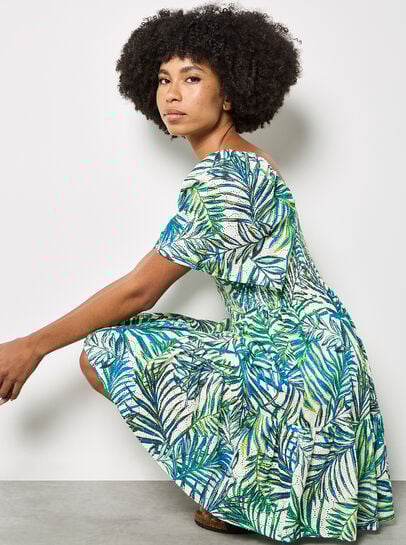 Palm Print Smocked Broderie Mini Dress
