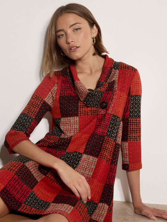 Textured Check Knit Midi Dress, Red, large