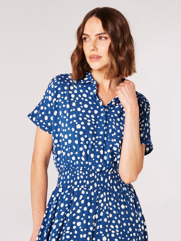 Painterly Dot Smocked Midi Dress, Blue, large