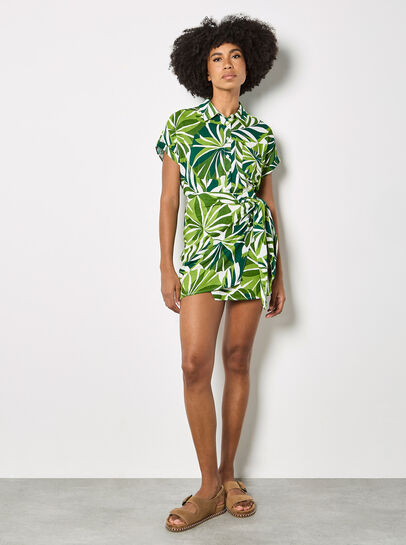 Tropical Leaf Print Wrap Mini Skirt