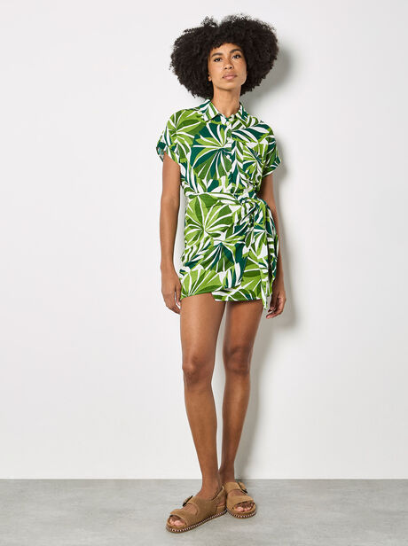 Tropical Leaf Print Wrap Mini Skirt