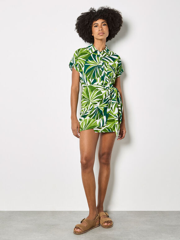 Tropical Leaf Print Wrap Mini Skirt, Green, large
