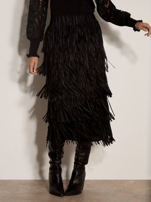 Fringe Trim Tiered Midi Skirt, Black, large