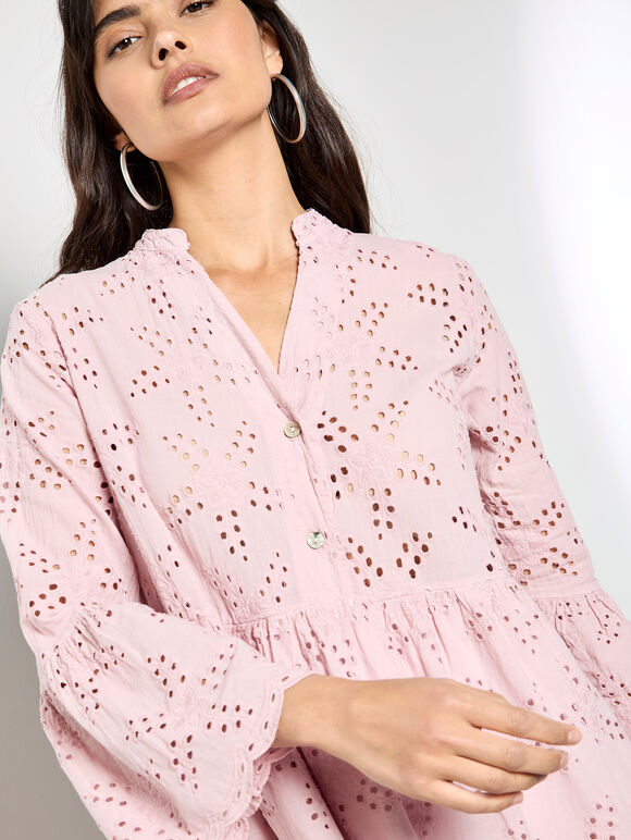 Broderie Anglaise Tiered Mini Dress, Pink, large