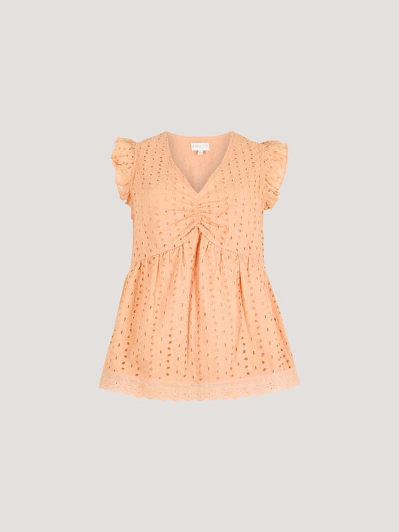 Cotton Broderie Ruffle Shoulder Top, Peach, large