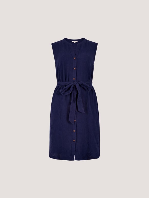 Textured Cotton Button Down Mini Dress, Navy, large