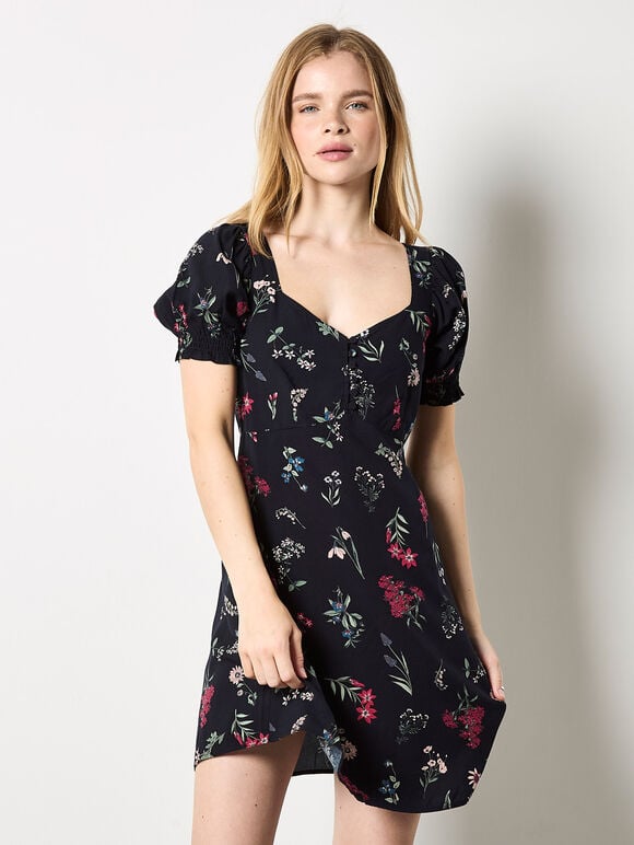 Botanical Floral Smocked Mini Dress, Black, large
