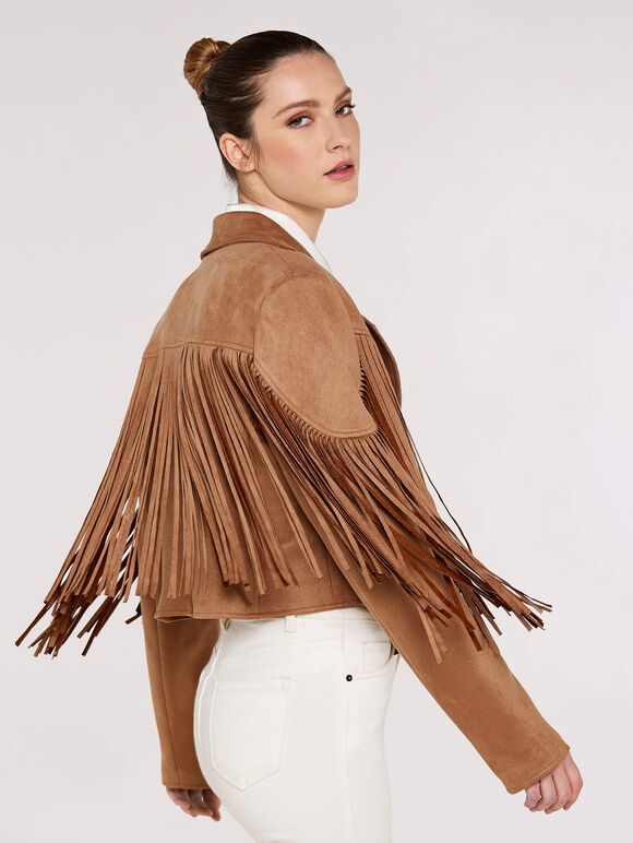 Fringed Suedette Jacket, Brown, large