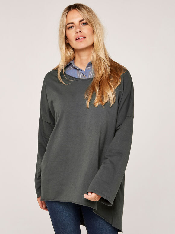 Curved High Low Roll Neck Sweater, Dark Grey - Charcoal, large