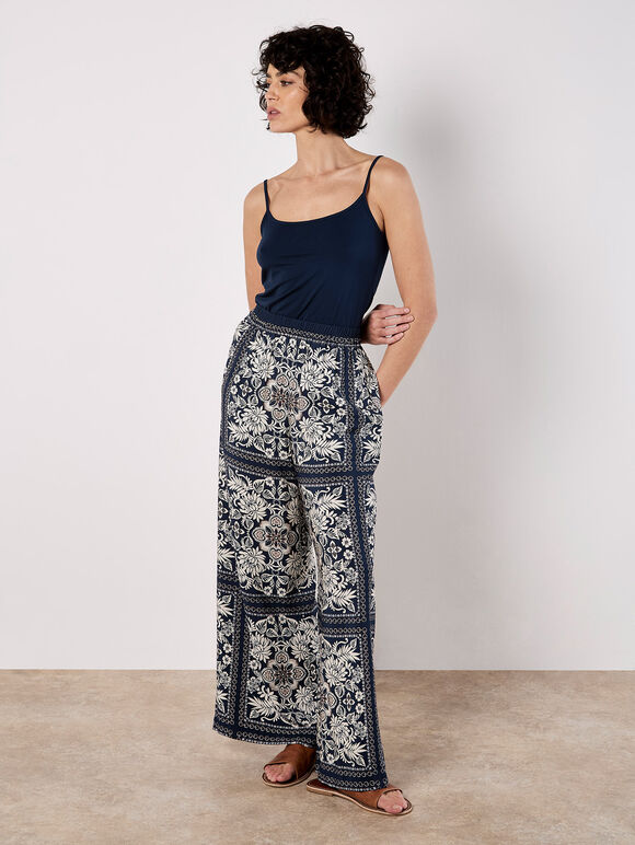 Scarf Print Flare Trousers, Navy, large