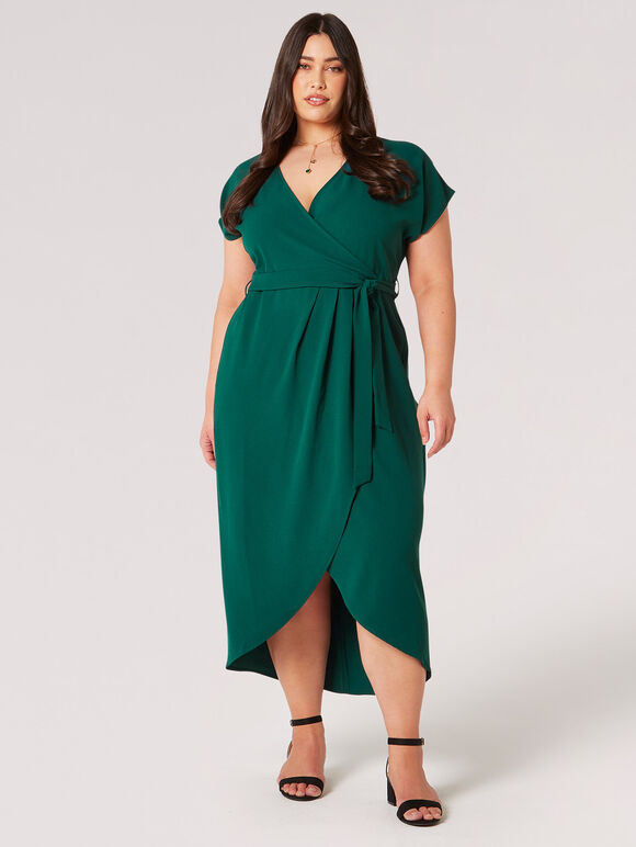 Curve Textured Wrap Midi Dress, Green, large