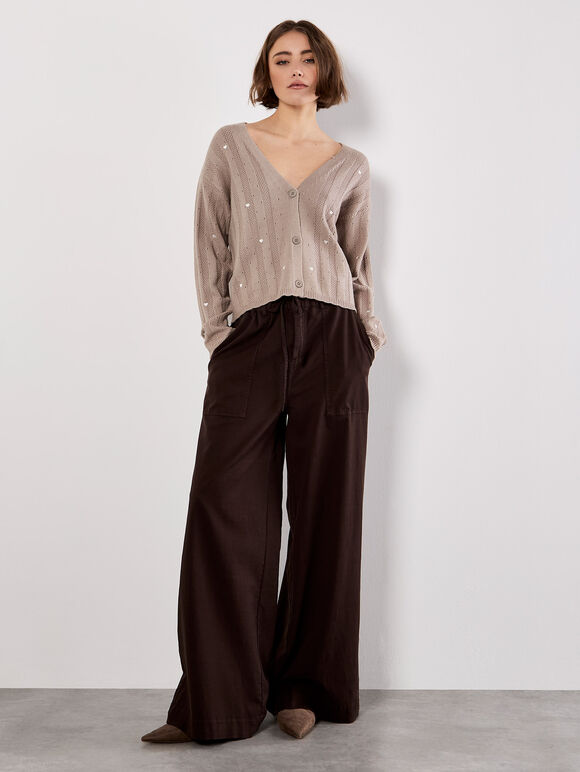 Embroidered Heart Pointelle Cardigan, Brown, large