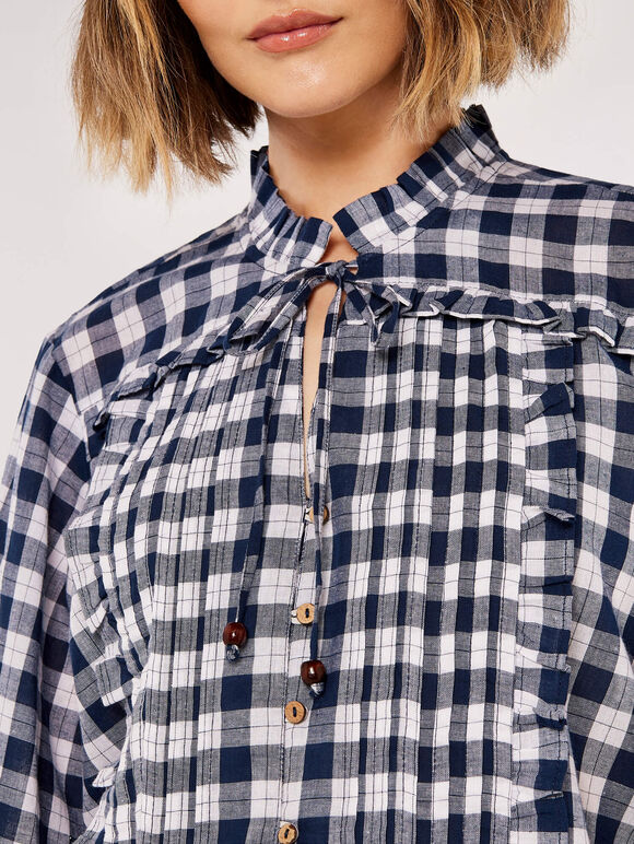 Tie-Frill Checked Shirt, Blue, large