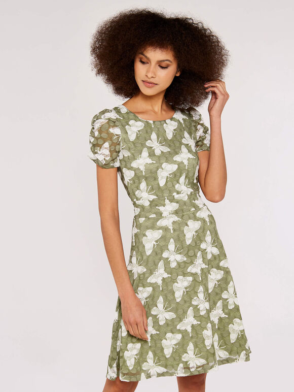 Butterfly Ruch Sleeve Dress, Mint, large