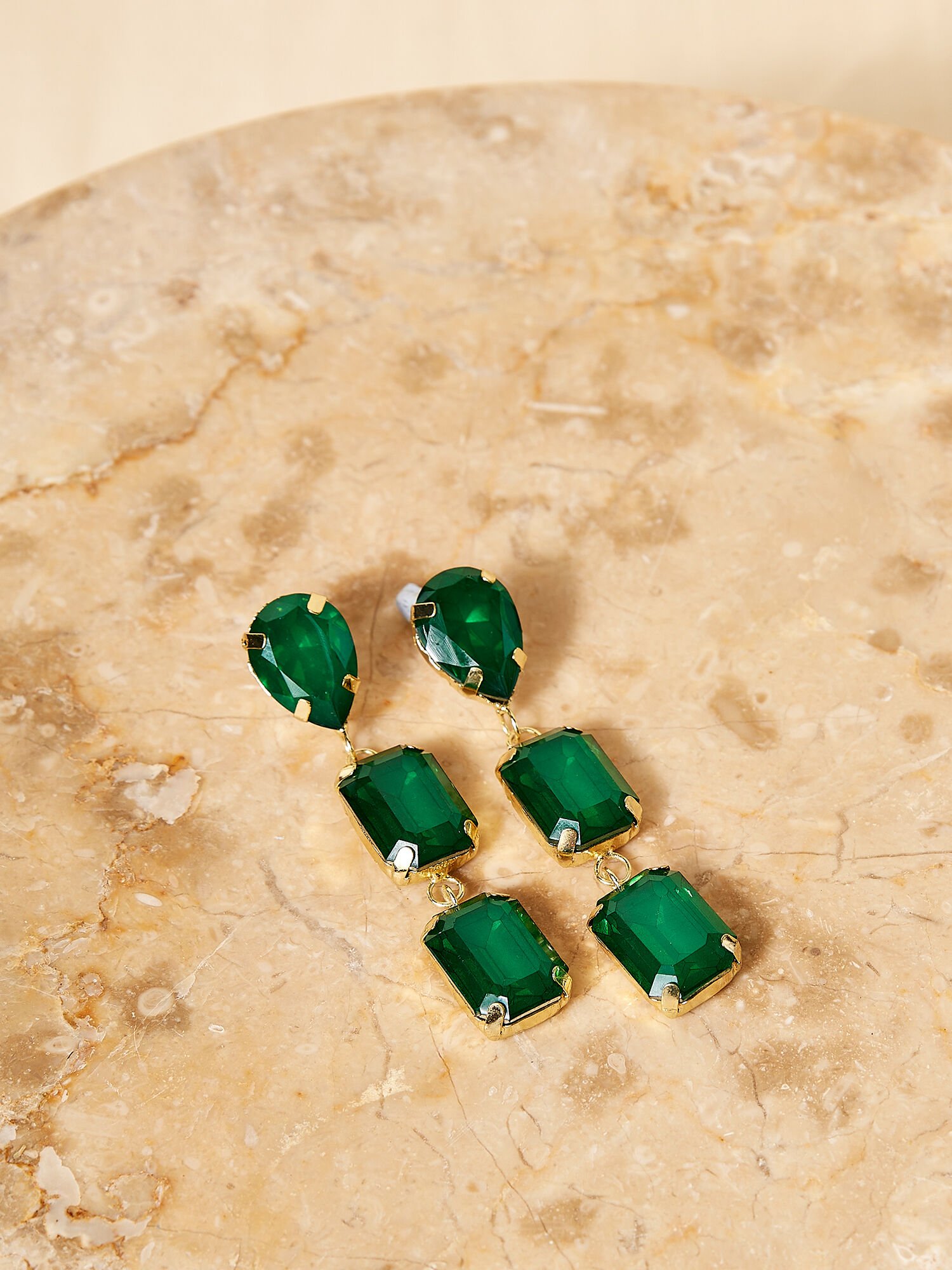 Gold Green Jewel Drop Earrings Apricot Clothing