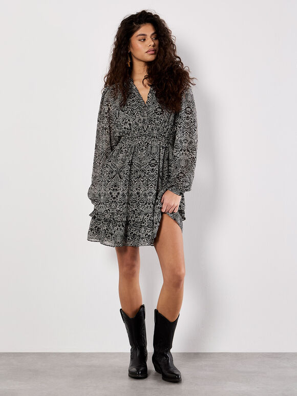 Paisley Mini Dress, Black, large