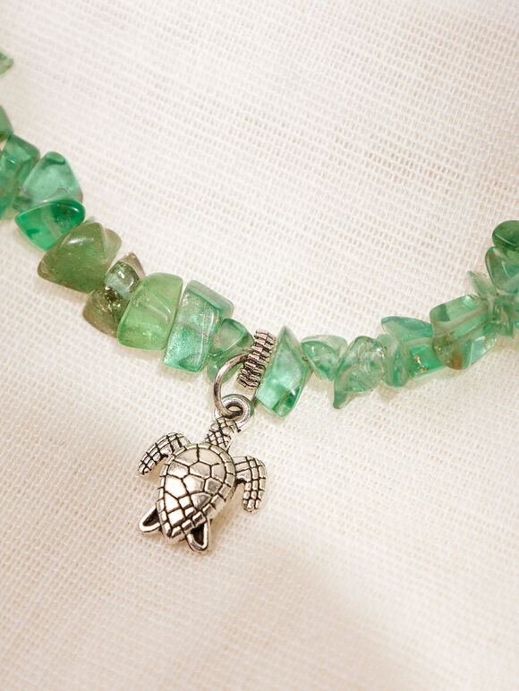 Green Stone Turtle Charm Bracelet, Green, large