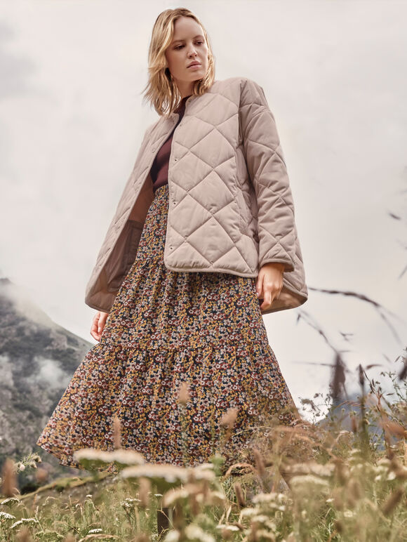 Collarless Quilted Jacket, Stone, large
