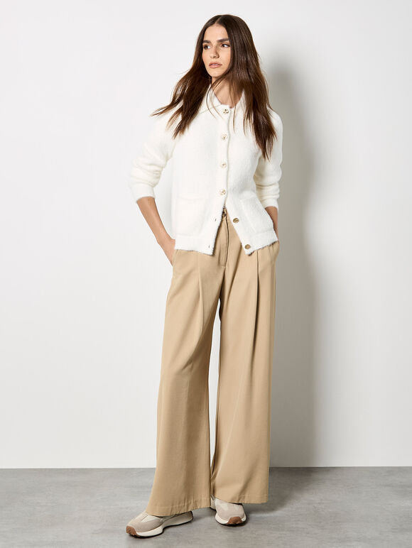 Hammered Buttons Fluffy Knit Cardigan, White, large