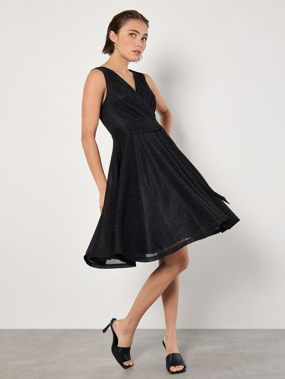 Metallic Pleat Skater Mini Dress, Black, large
