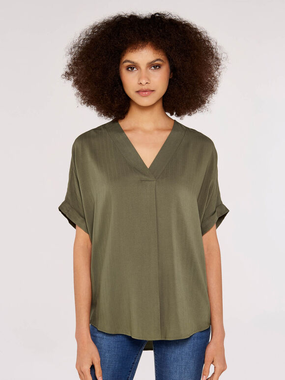 Chevron V Neck Top, Khaki, large