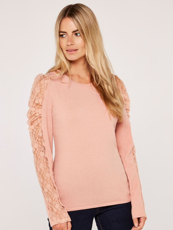 Ruche Lace Sleeve Soft Touch Jumper, Pink, large