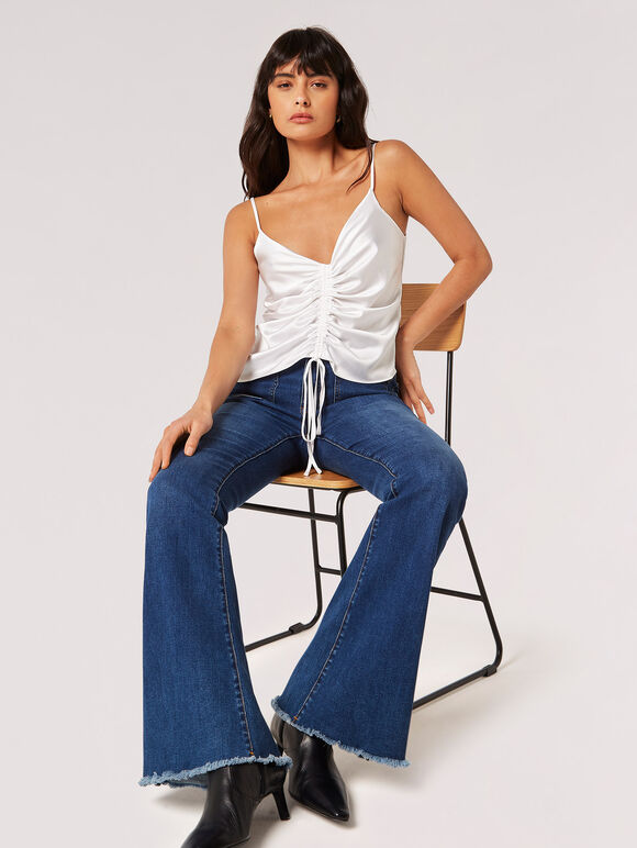 Ruched Front Satin Camisole Top, Cream, large
