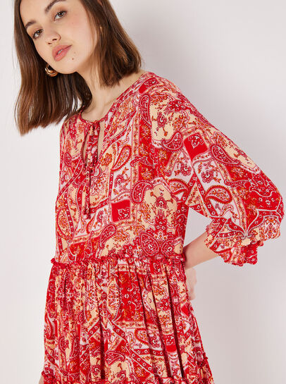 Scarf Print Tiered Mini Dress