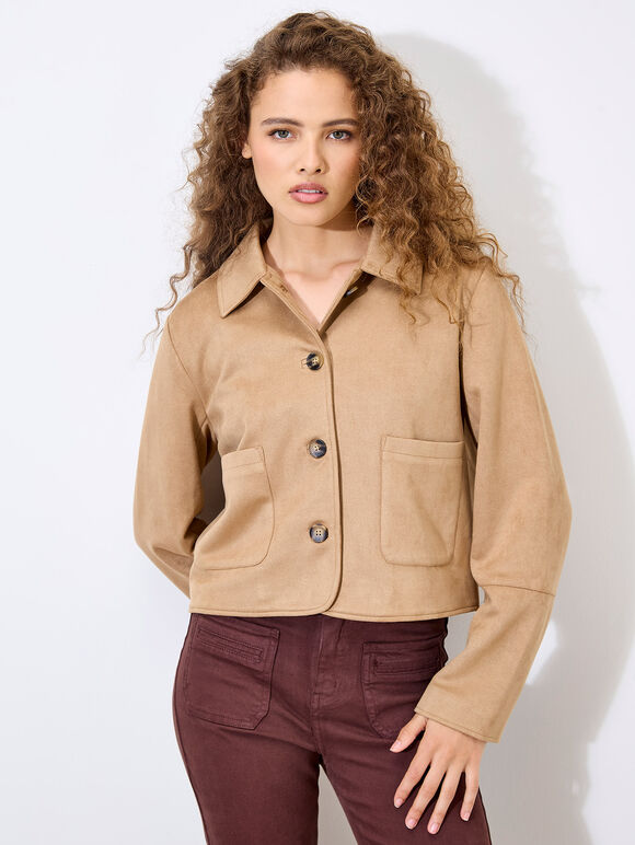 Suedette Cropped Jacket, Stone, large