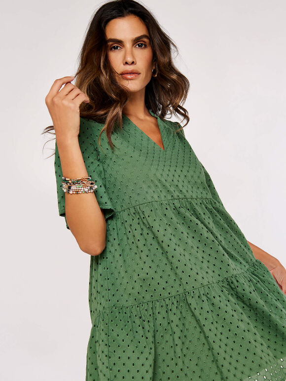 Broderie Anglaise Mini Dress, Khaki, large