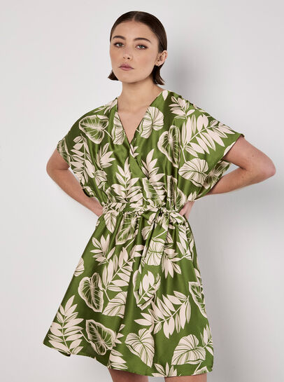 Tropical Leaf Print Satin Mini Dress