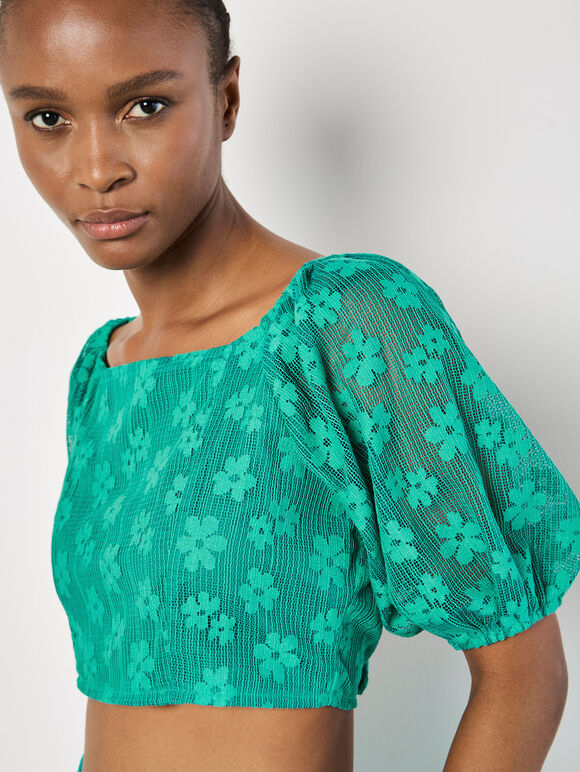 Daisy Mesh Cropped Top, Green, large