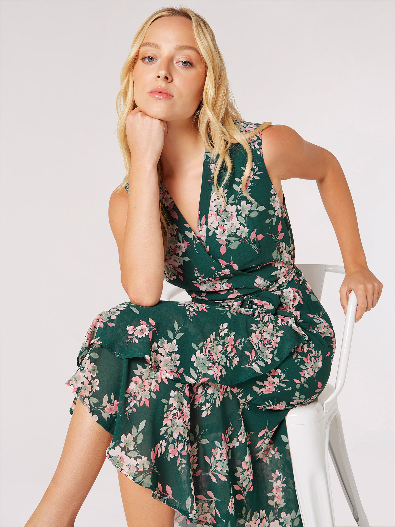 Floral Chiffon Wrap Midi Dress Apricot Clothing