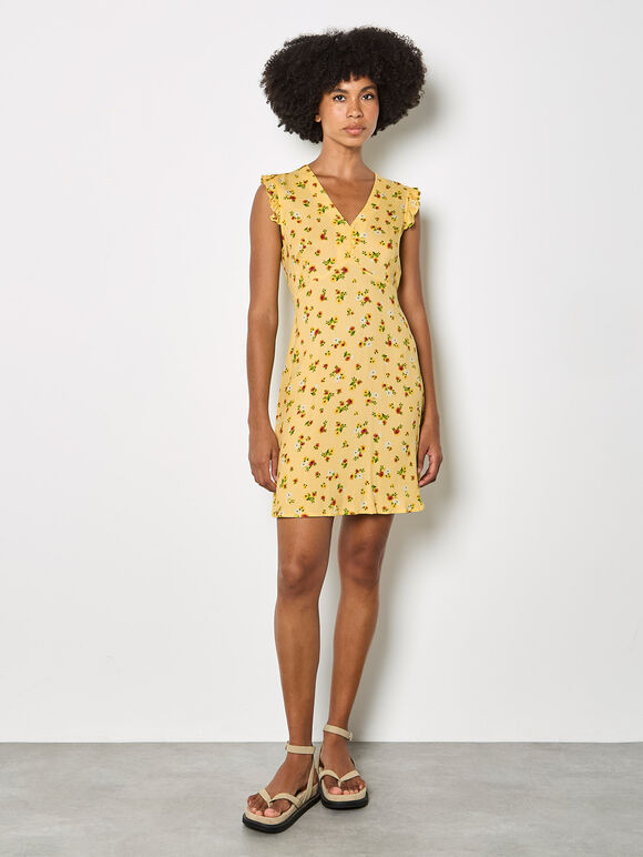 Vintage Floral Ruffle Mini Dress, Yellow, large