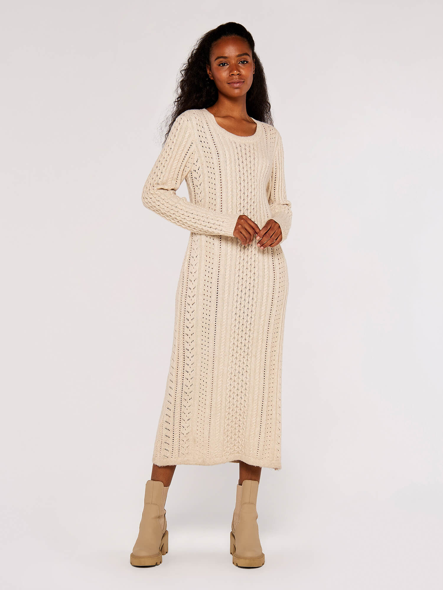 Pointelle Knitted Midi Dress Apricot Clothing