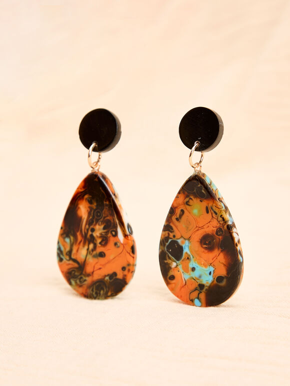 Acrylic Bead Marble Drop Earrings, Black, large