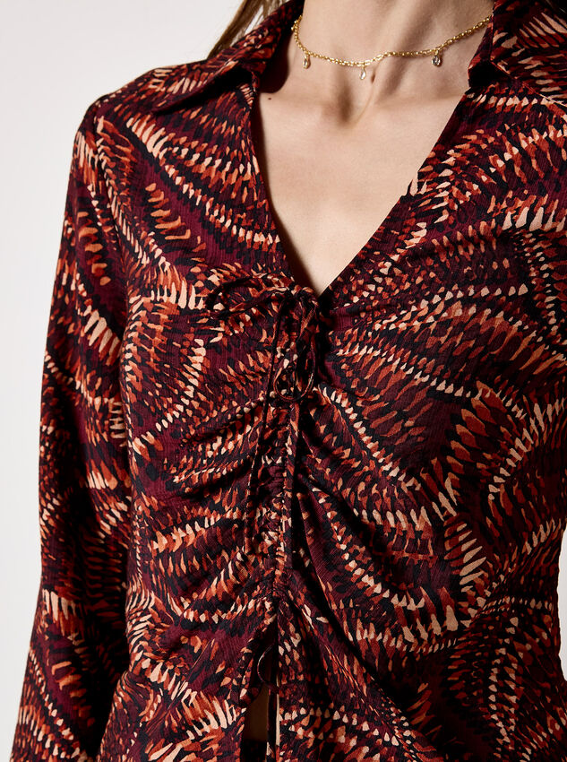 Abstract Print Ruched Front Blouse, Burgundy, large
