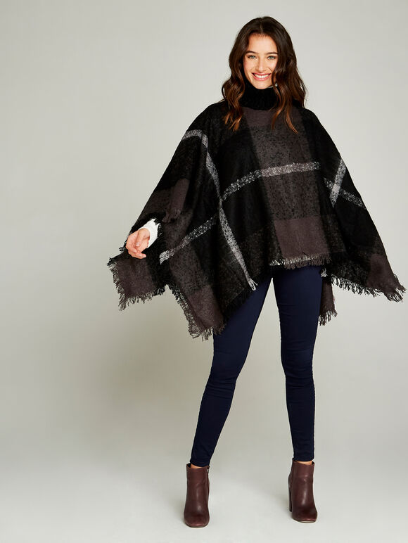 Colourblock Stripe Boucle Poncho, Dark Grey - Charcoal, large